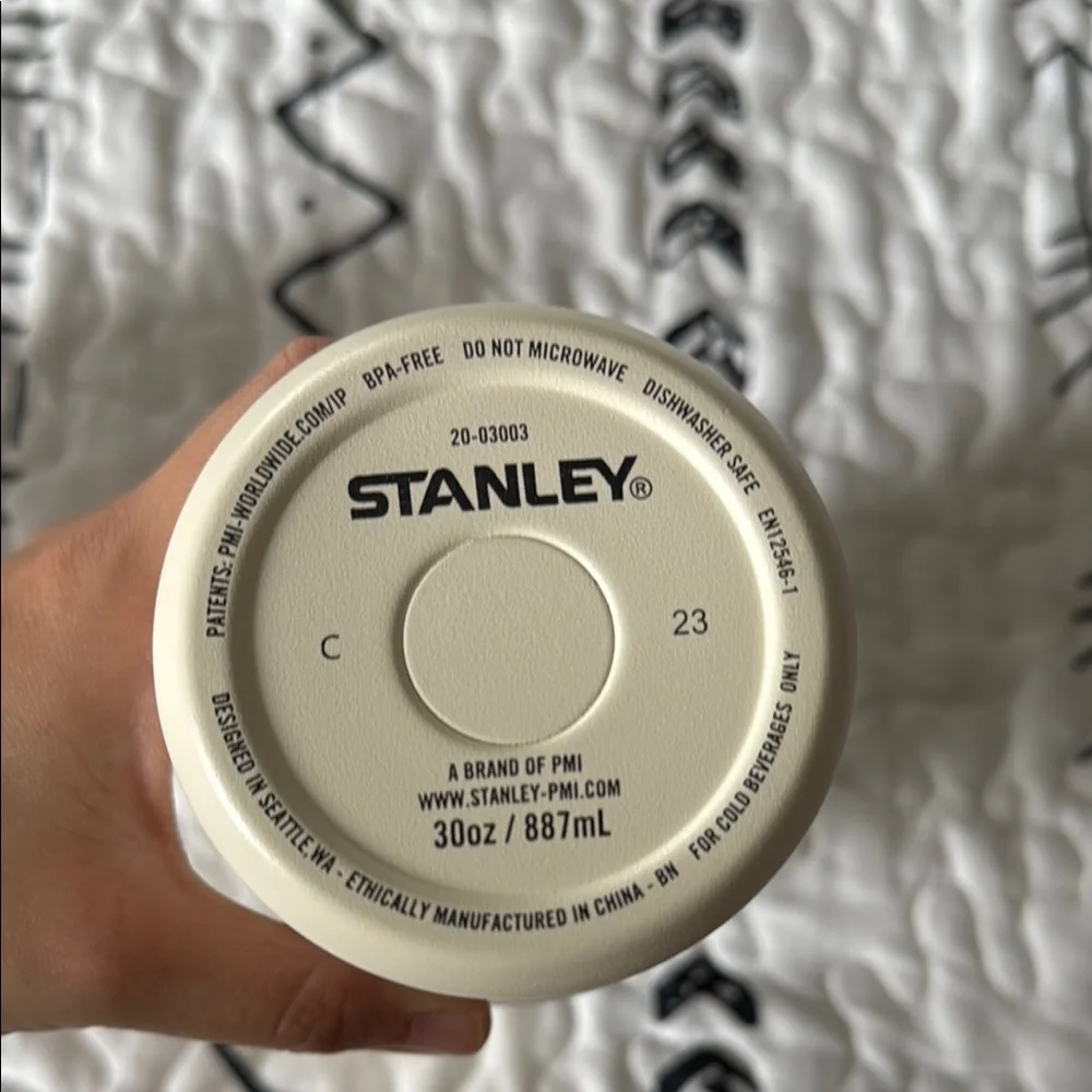 Stanley Cream Travel Tumbler with Mustard Handle and Red Accent Stripes